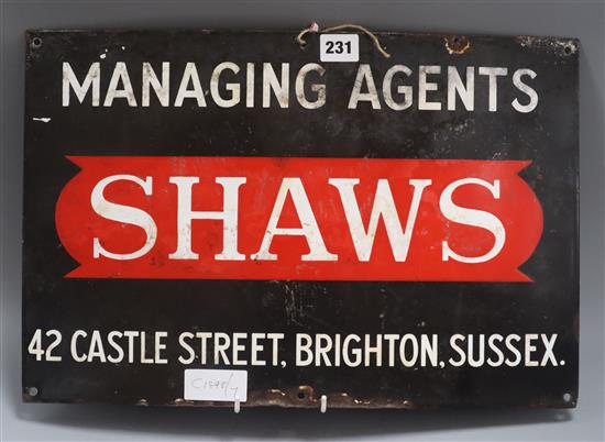 An enamel sign Shaws, Castle Street, Brighton 31 x 46cm